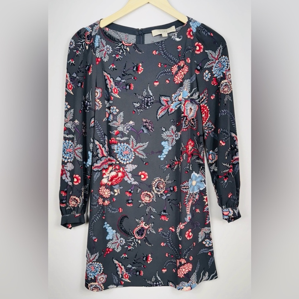 LOFT Womens Gray Multicolor Floral Puff Sleeve Sz 00P Shift Dress
